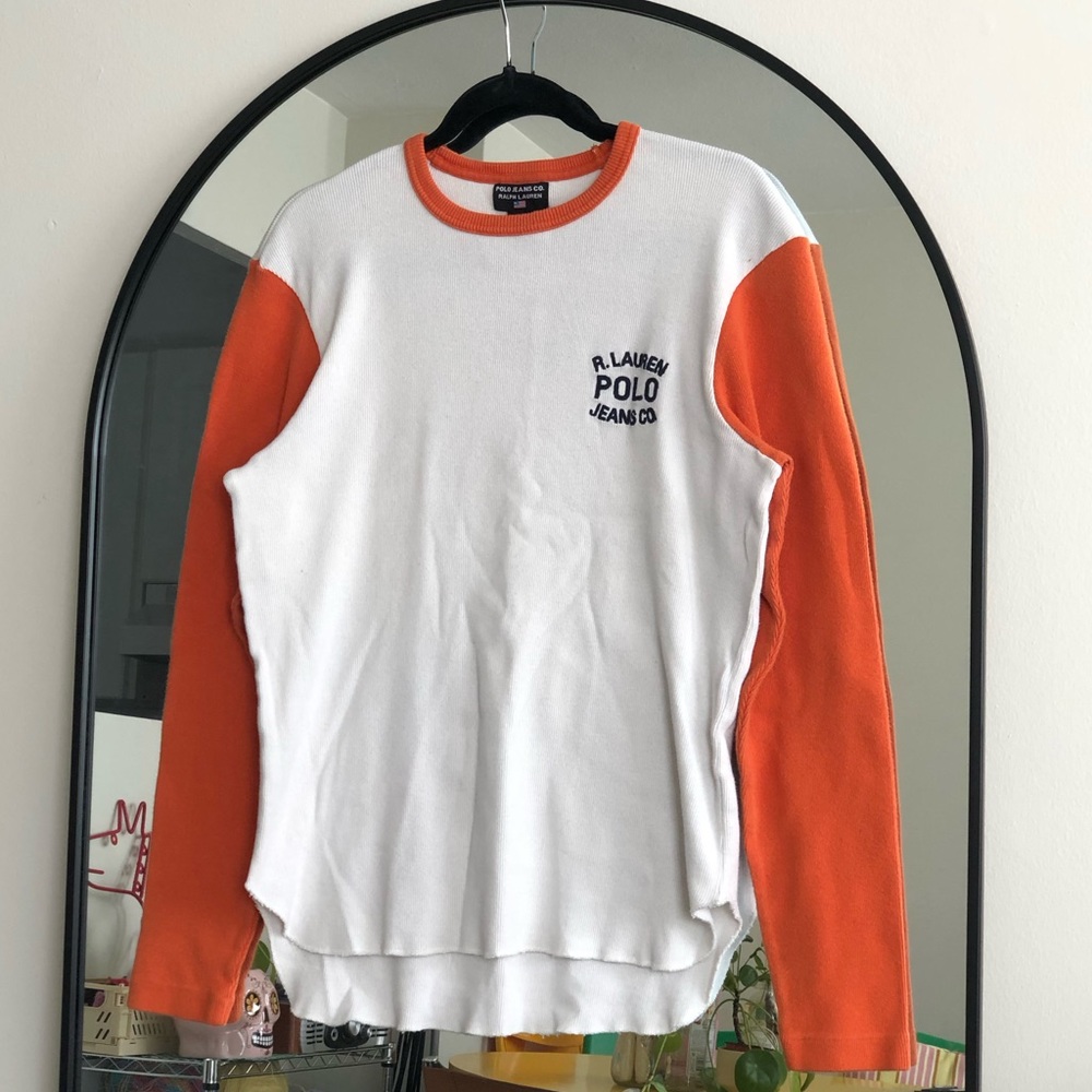 SOLD - Vintage Polo Ralph Lauren Orange Sleeves White Knit Sweater